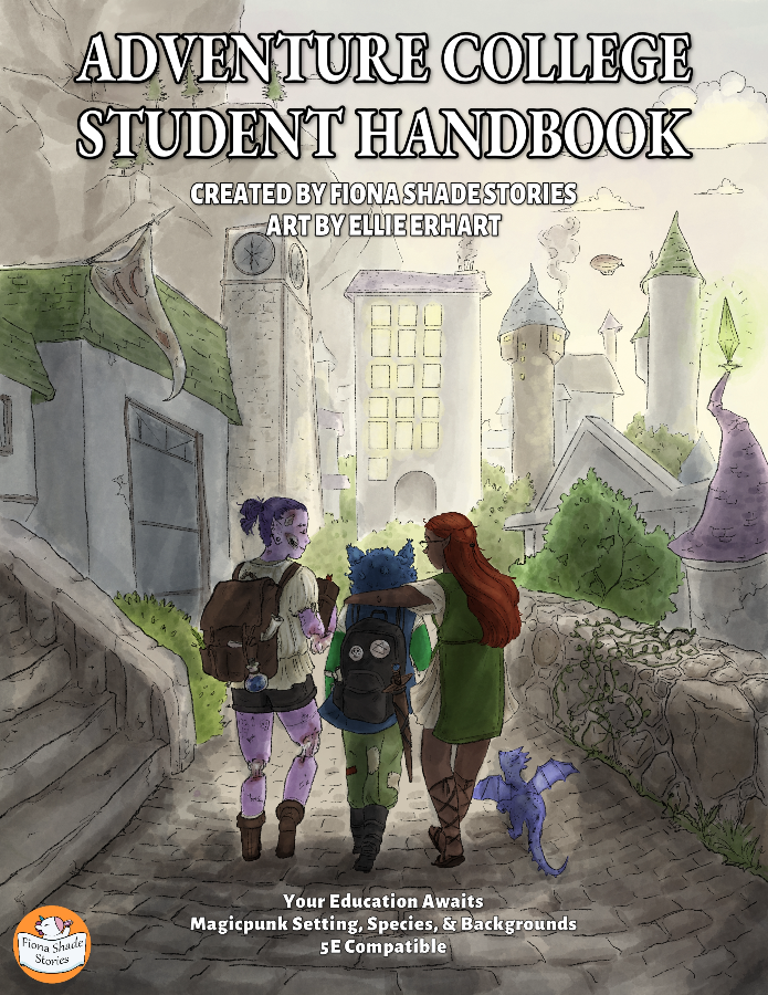 Adventure College Student Handbook Cover - Three students walking towards college buildings with a teacup dragon