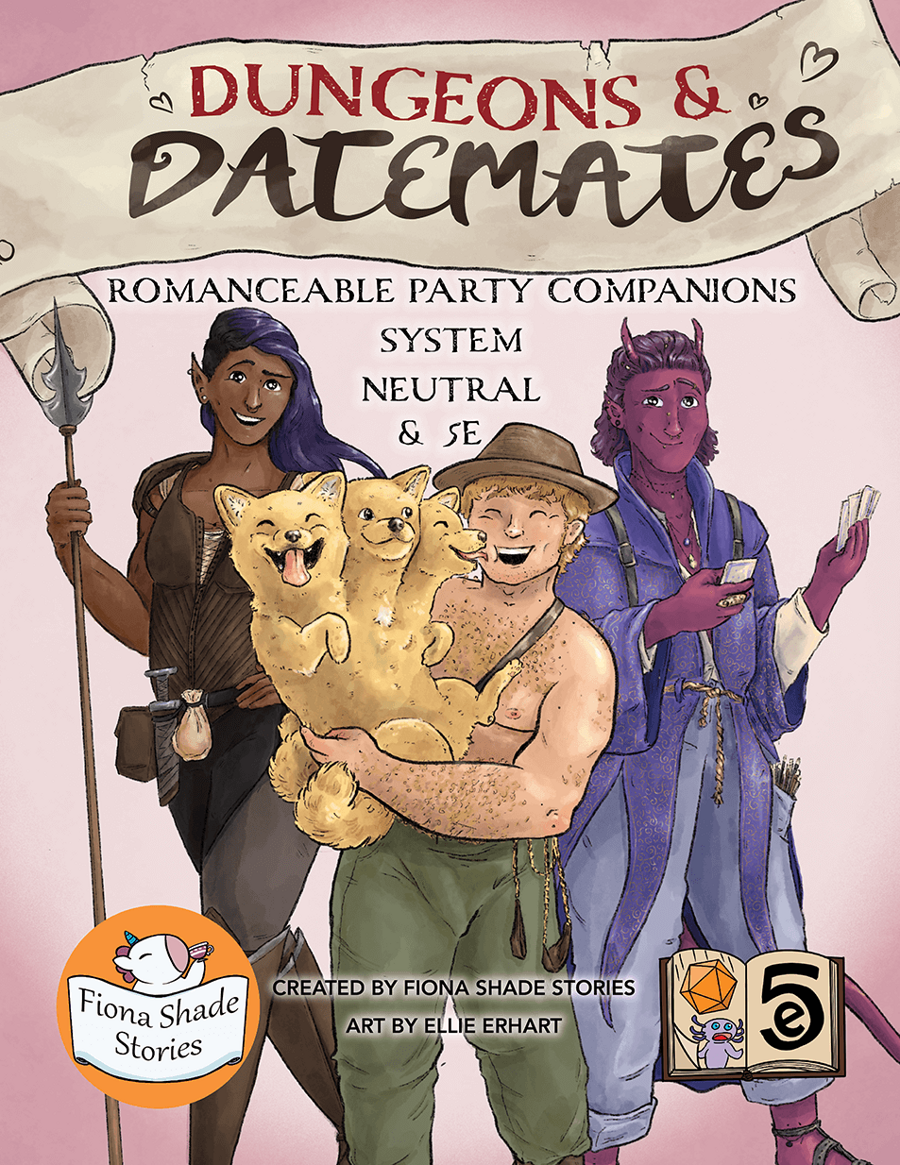 Dungeons & Datemates Cover - A romantic fantasy scene with adventurers